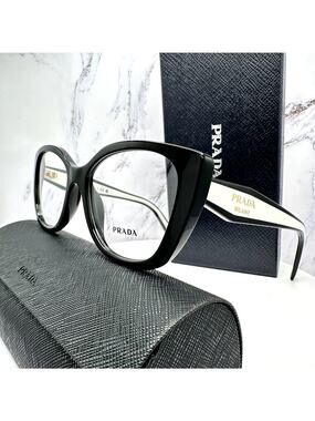 New PRADA Eyeglasses Cat Eye Black White Gold 53-17-140 Womens